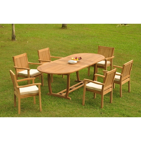 Grade-A Teak Dining Set: 6 Seater 7 Pc: 94" Mas Oval Trestle Leg Table And 6 Leveb Stacking Arm Chairs Outdoor Patio WholesaleTeak #WMDSWVm