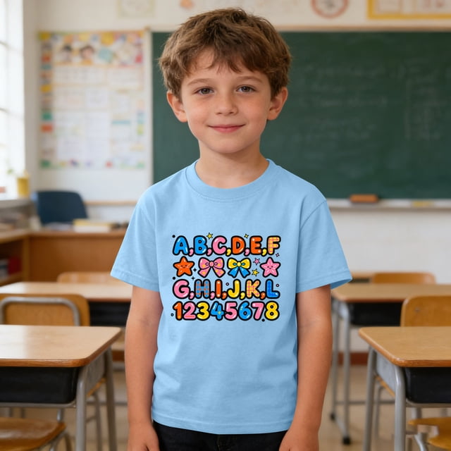 Blusas y camisas de manga corta con cuello redondo para niños y niñas, camisetas gráficas de manga corta, blusas con estampados bonitos para la temporada escolar.
