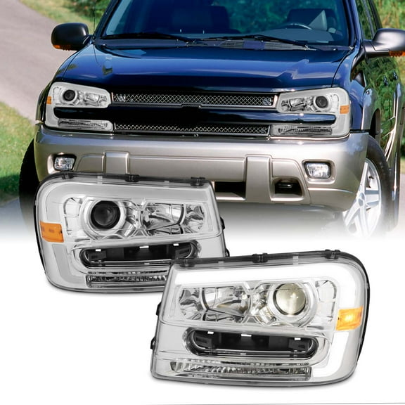 AKKON - Fits 2002-2009 Chevy Trailblazer [LED DRL Running] Projector Chrome Headlights Pair Driver Passenger Replacement