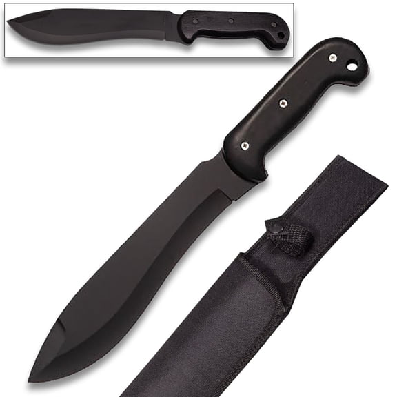 Full Tang Black Bowie Hunter Knife, Machete, 16 Inch Overall Length, Black Blade, Black Wood Handle