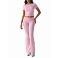 thumbnail image 2 of Women's 2-Piece Lounge Set with Ruched Short Sleeve Top and High-Waist Wide Leg Pants Pink XL, 2 of 10
