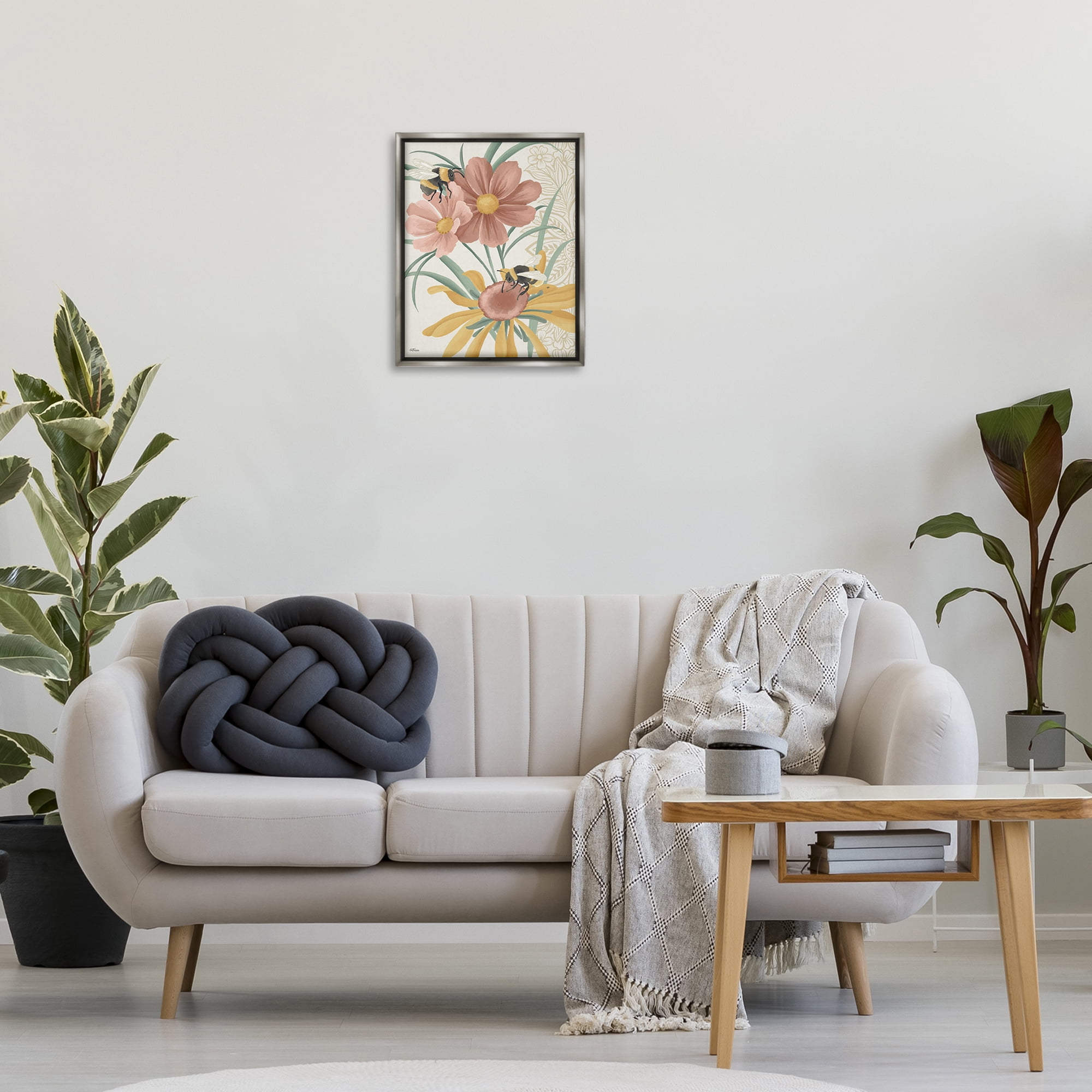 Stupell Industries Pollinating Bumble Bees Botanical & Floral Painting Gray Floater Framed Art Print Wall Art, 17 x 21