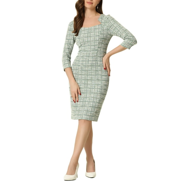 Vestido de trabajo midi ajustado de mujer con cuello cuadrado y mangas 3/4, a cuadros, XL, verde