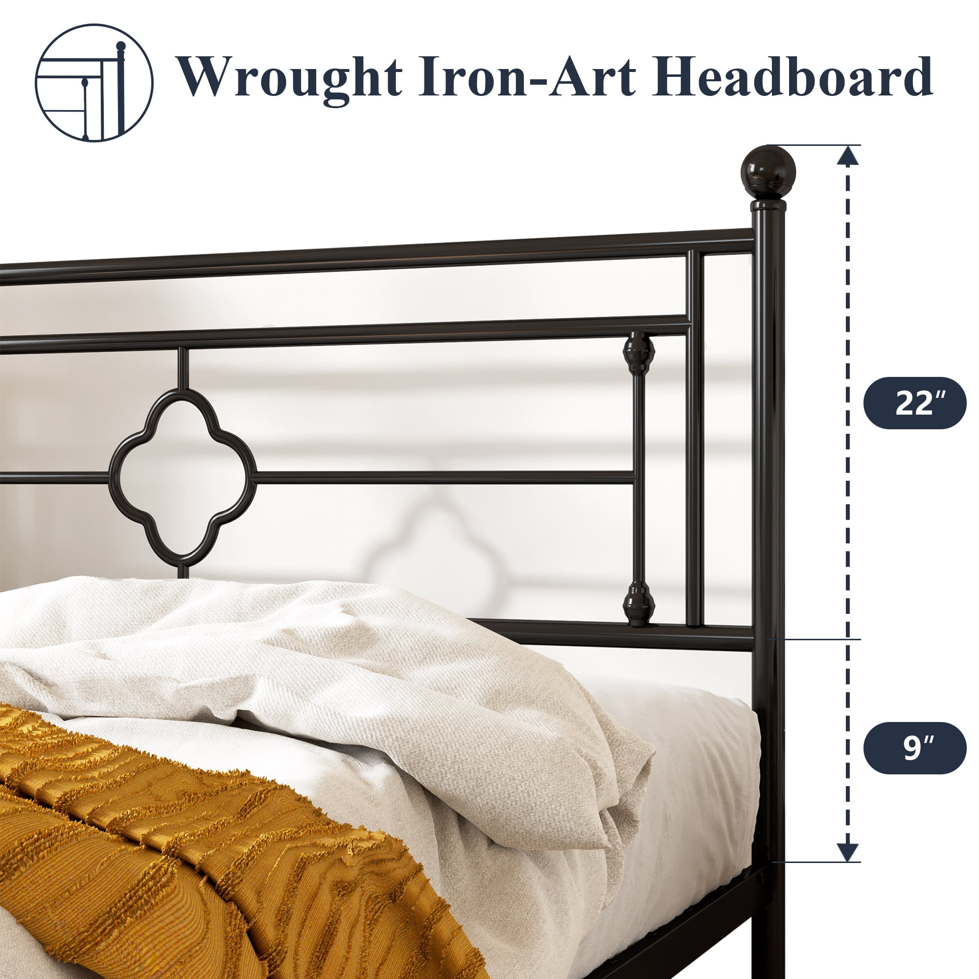 Allewie Twin Size Metal Platform Bed Frame with Victorian Vintage Headboard and Footboard, Black