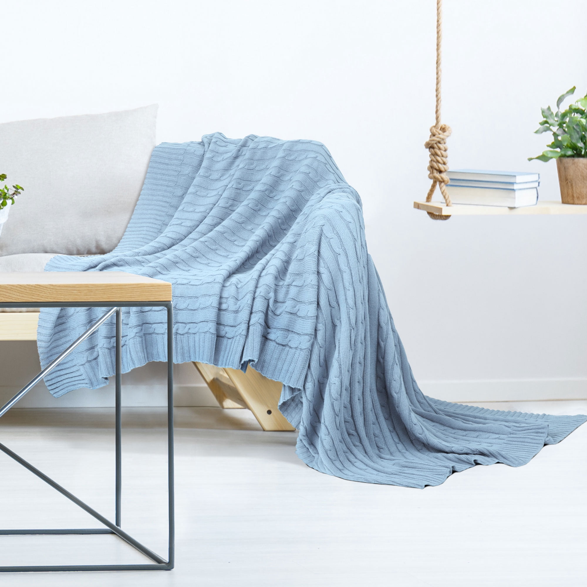 Unique Bargains 100% Cotton Cable Knit Throw Bed Blanket Columbia Blue 51" x 59"