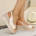 thumbnail image 4 of Rokment Womens Metallic Color Block Platform Wedge Dressy Sandals Vintage Casual Leather Peep Toe Chunky High Heels Slingback Dress Summer Shoes with Adjustable Back Strap for Ladies Beige Size 9.5, 4 of 8