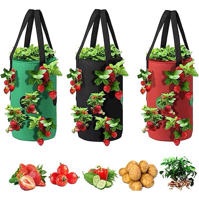 Bolsas de cultivo de 3 galones para verduras de fresa, 12 agujeros para plantar, asa resistente para colgar, tela de fieltro transpirable gruesa, bolsa de cultivo de plantas para zanahoria