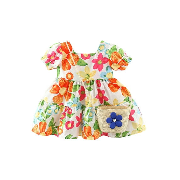 Coduop Baby Girls Princess Dress Flower Square Neck Short Sleeve Sweet Cute Dress,with Straw Bags