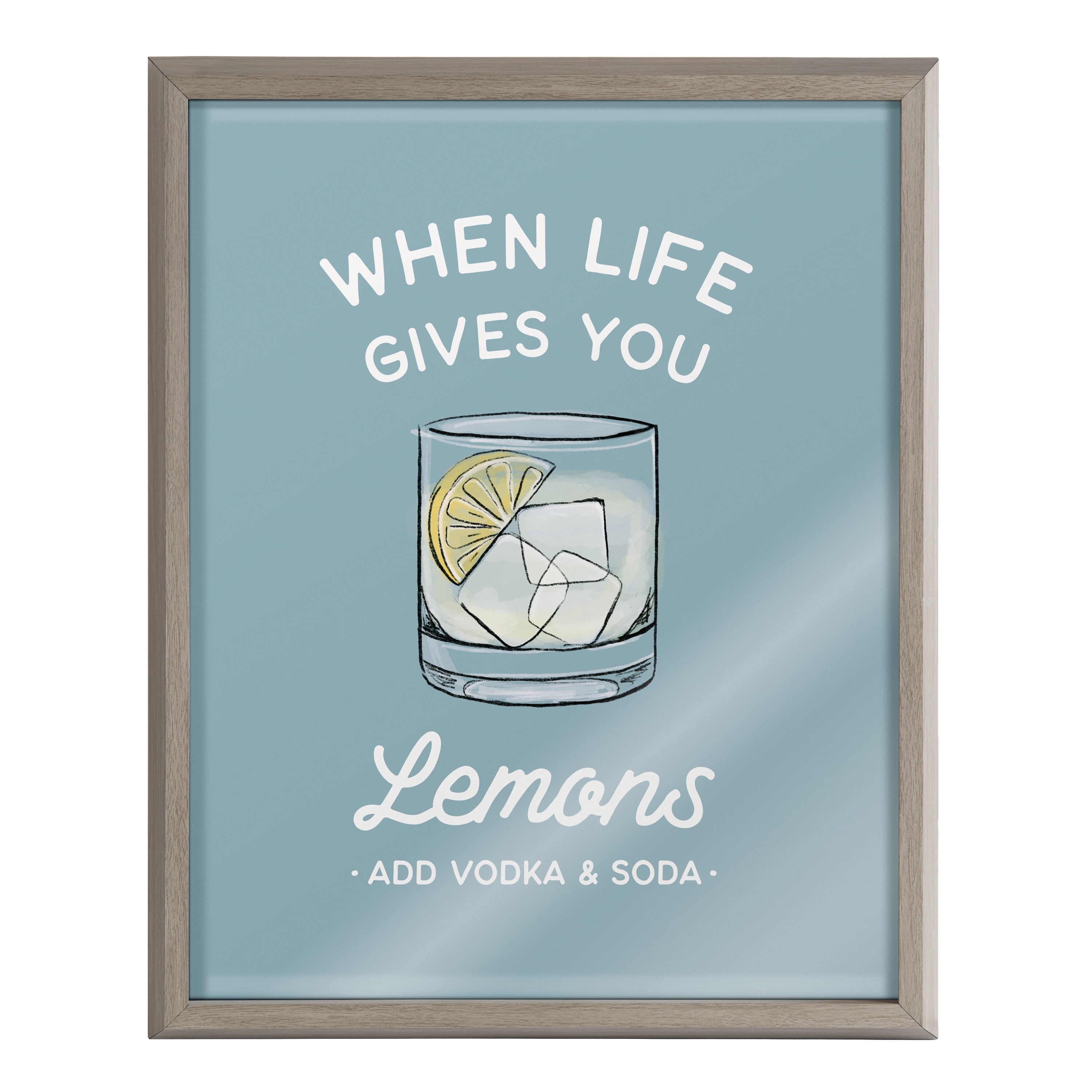 Kate and Laurel When Life Gives You Lemons Add Vodka and Soda Framed Printed Glass Wall Art by The Creative Bunch Studio, 16x20 Gray, Classic Cocktail Wall Decor