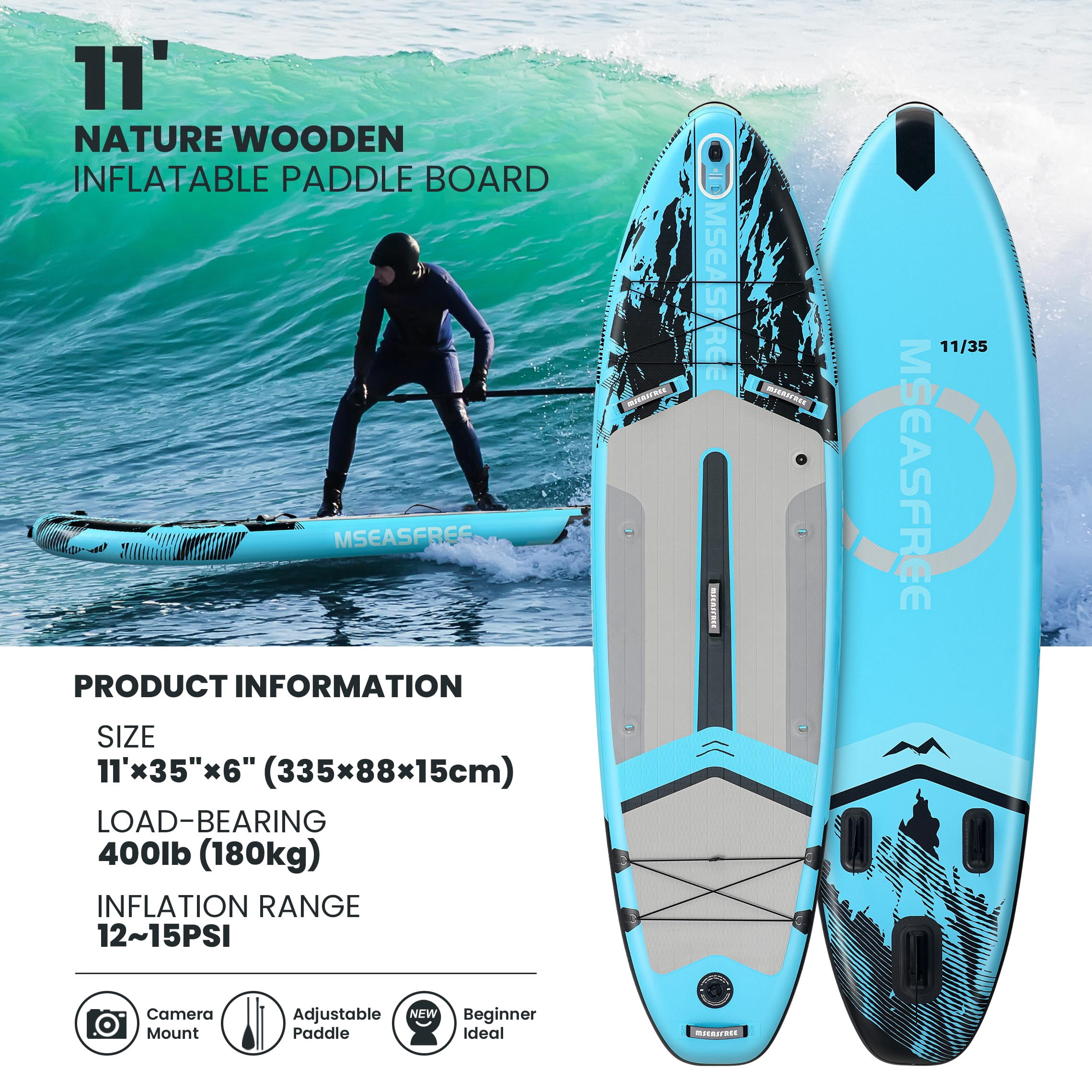 MSEASFREE 11 ft Inflatable Paddle Board Stand up Paddle Board All-Purpose Fishing Board with Full SUP Accessories