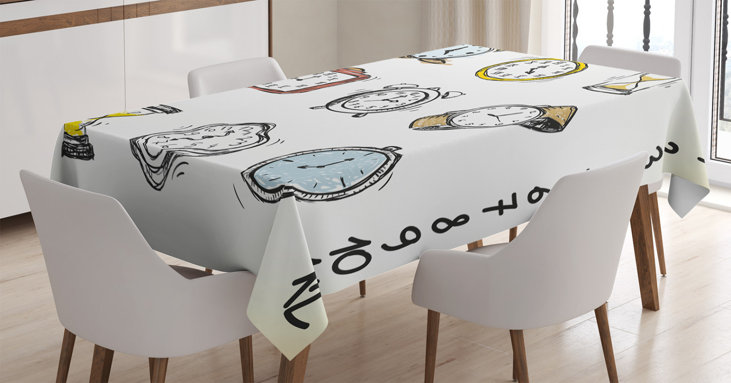 Clock Decor Tablecloth, A Collection of Vintage Watches and Doodled Clocks Hand Drawn