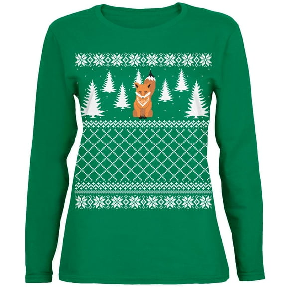 Fox Ugly Christmas Sweater Green Womens Long Sleeve T-Shirt