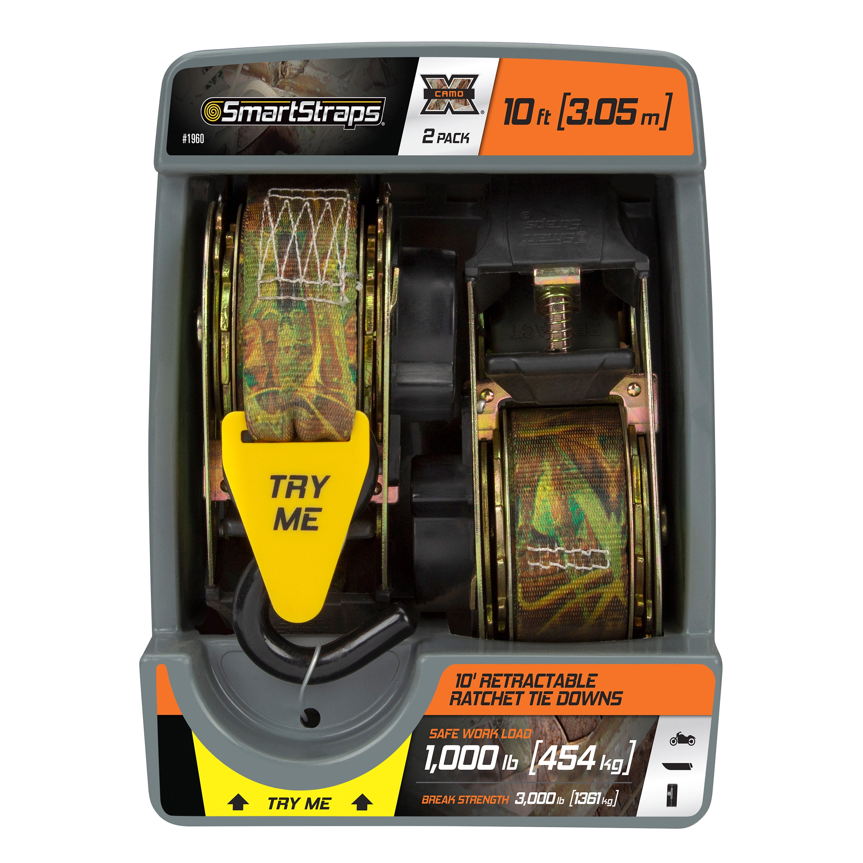 SmartStraps 1.5" x 10ft Retractable Ratchet Tie Down Straps, Camo, 2 Pack - 1,000lb SWL
