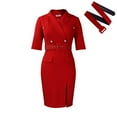 thumbnail image 4 of Jusqu'à 65 % de Réduction! Robes de Mode d'Été pour Femmes 2024 Grande Taille Polyvalente Manches Courtes Rétractation de la Taille Costume Fendu Solide Col Enveloppé Robe Fendue à la Hanche avec Ceinture, 4 of 4