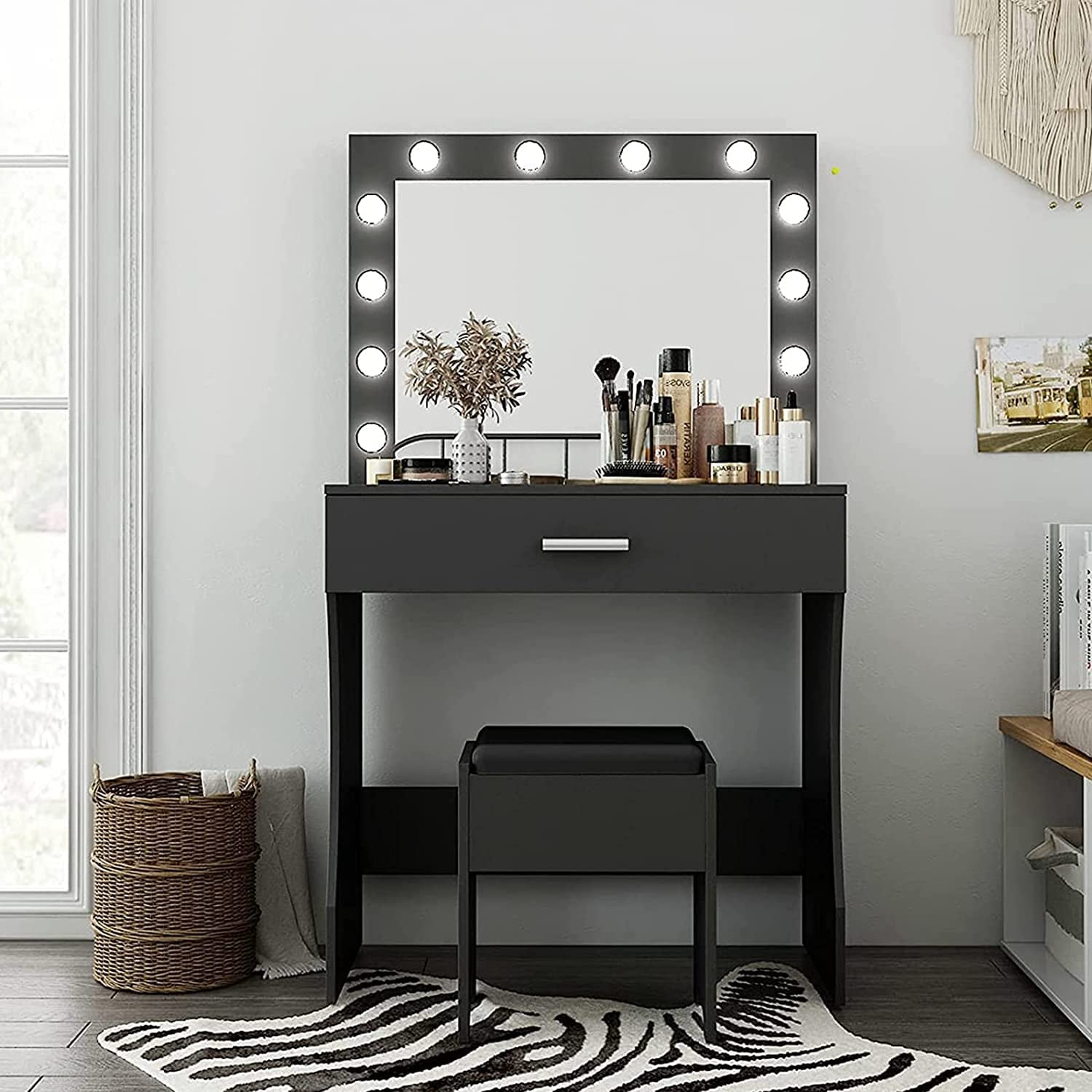 Modern Vanity Table with Lighted Mirror and Stool, Black Finish, for ...