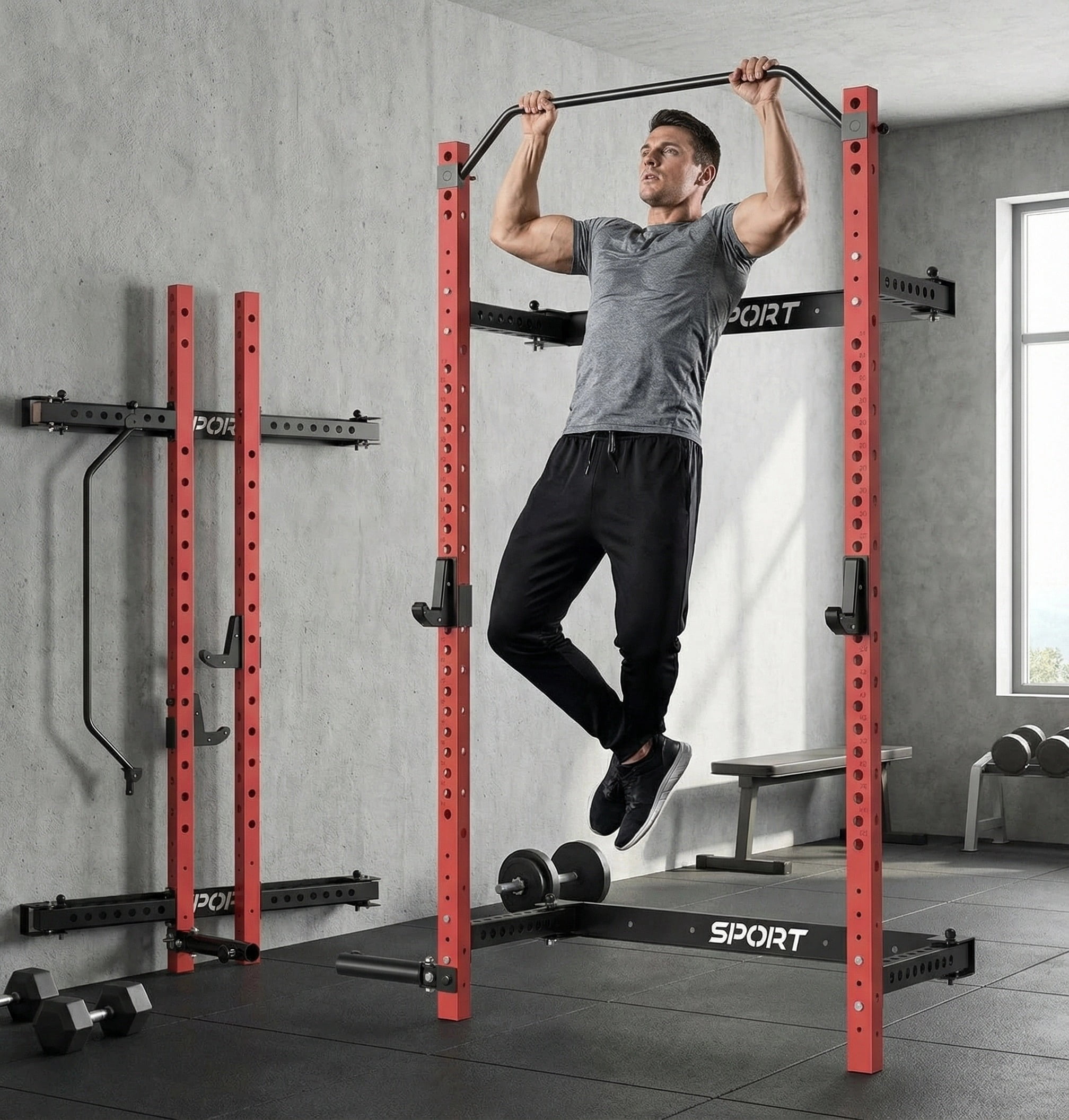 Riedhoff Folding Wall Mounted Squat Rack with Pull Up Bar, 47 x 22 x 89", Black & Red