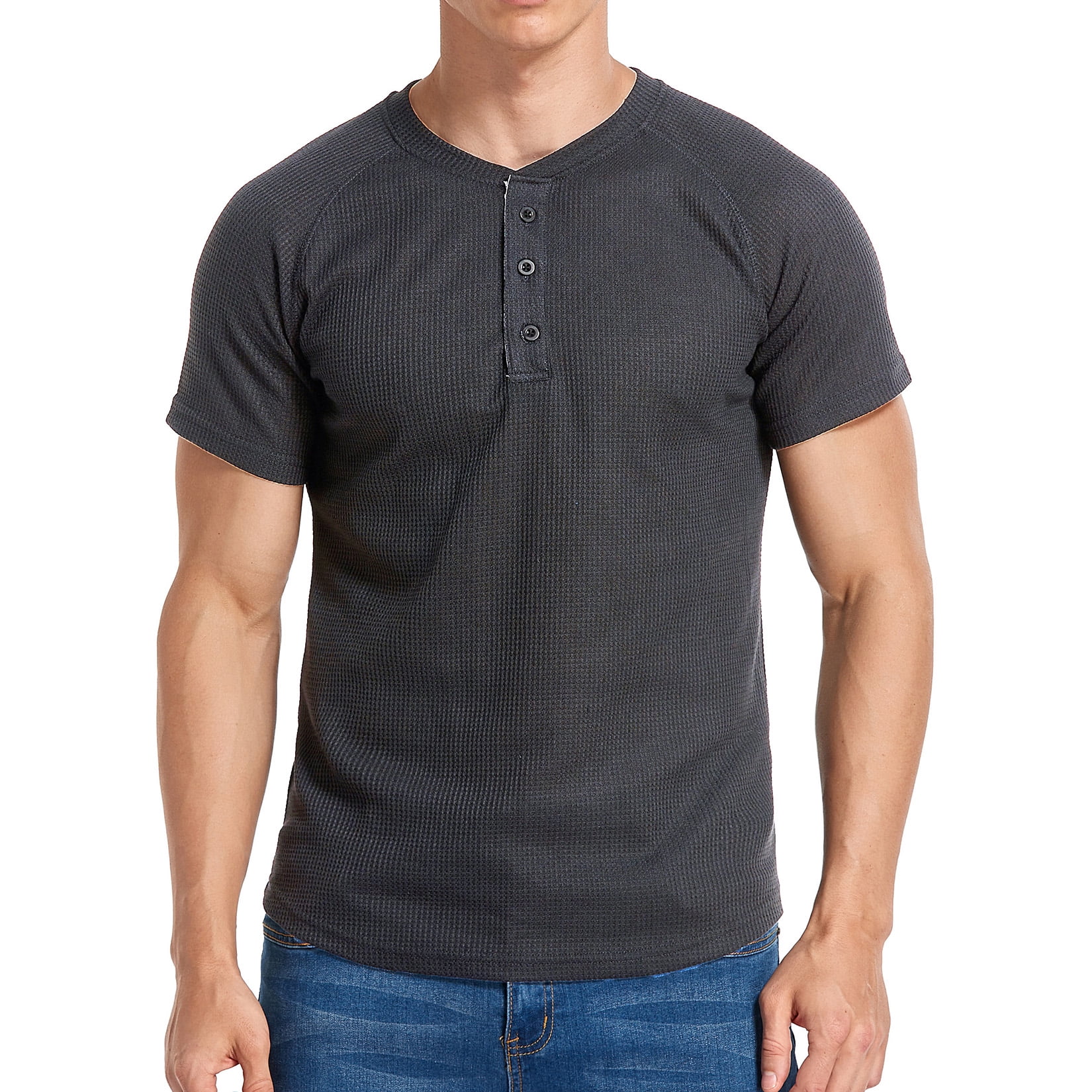 【DISCERNMENT】Cumin Waffle Henley Neck Short Sleeve T-Shirt SWSMCLT Men's Short Sleeve Henley Solid Waffle Knit Muscle