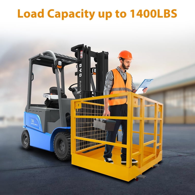 Biosp Forklift Safety Cage Work Platform - 45"x43", 1400 Lbs Capacity, With Harness Lock & Wheels