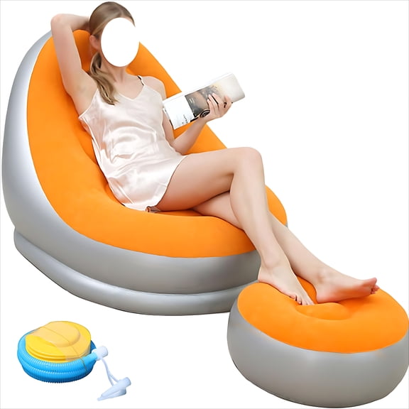 Portable Folding Inflatable Lounge Chair with Foot Stool, Blow Up Flocking Recliner Air Sofa for Indoor Outdoor Camping (No Pump)
