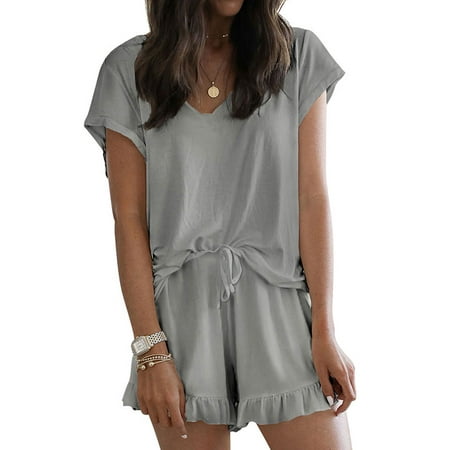 

Nlife Women Short Sleeve V Neck Ruffled Elastic Band Homewear Set