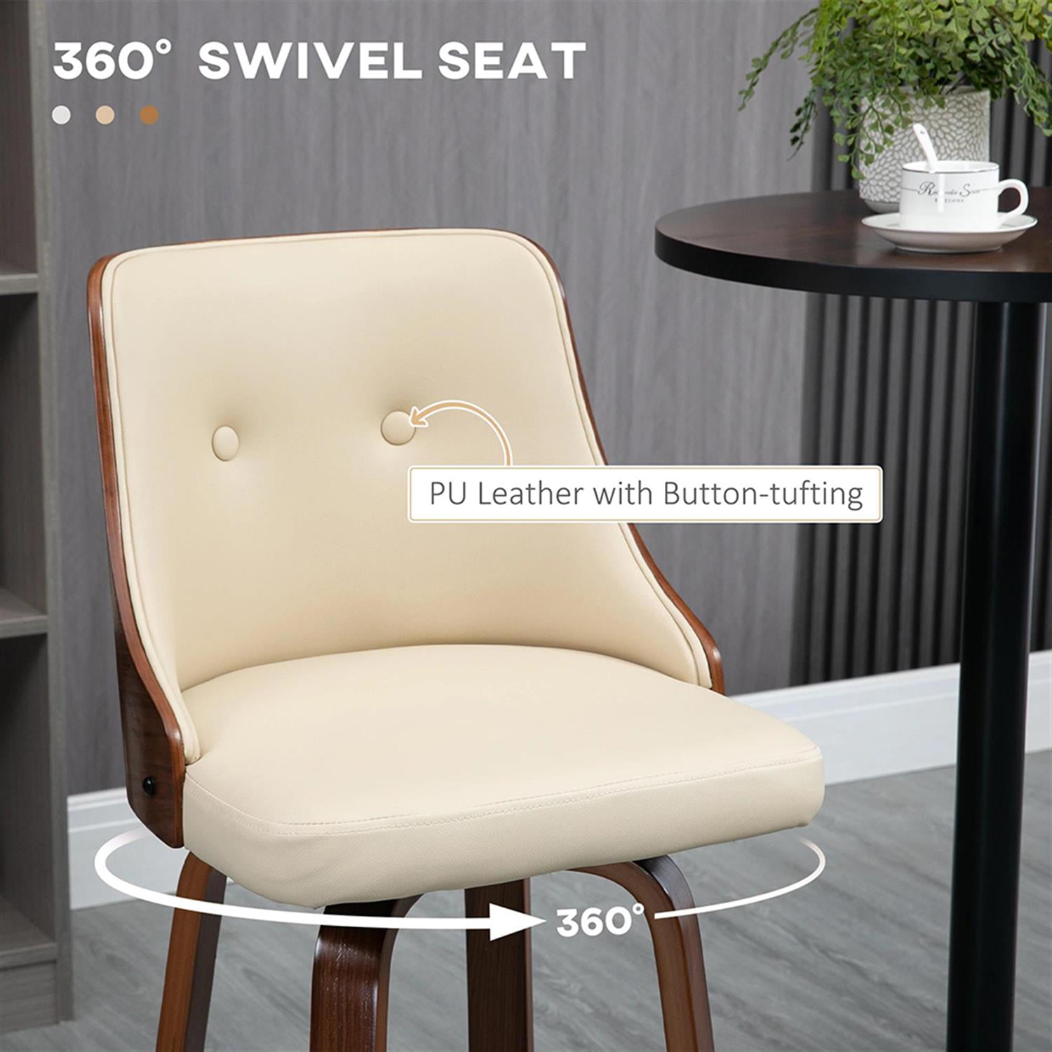 Demi Bonn Modern PU Leather Swivel Bar Stool Set of 4, Cushioned Bar Height Stool with Tufted Back and Solid Wood Legs for Kitchen, Dinning Room, Beige