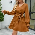 thumbnail image 3 of SWSMCLT Women's Long Sleeve Dress Chiffon V Neck Wrap Tie Waist Party Dresses Casual Short Ruched Pleated Golden XX-Large, 3 of 4