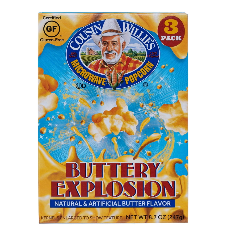 Cousin Willie’s BUTTERY EXPLOSION Microwave Popcorn, 12 bags (4 boxes
