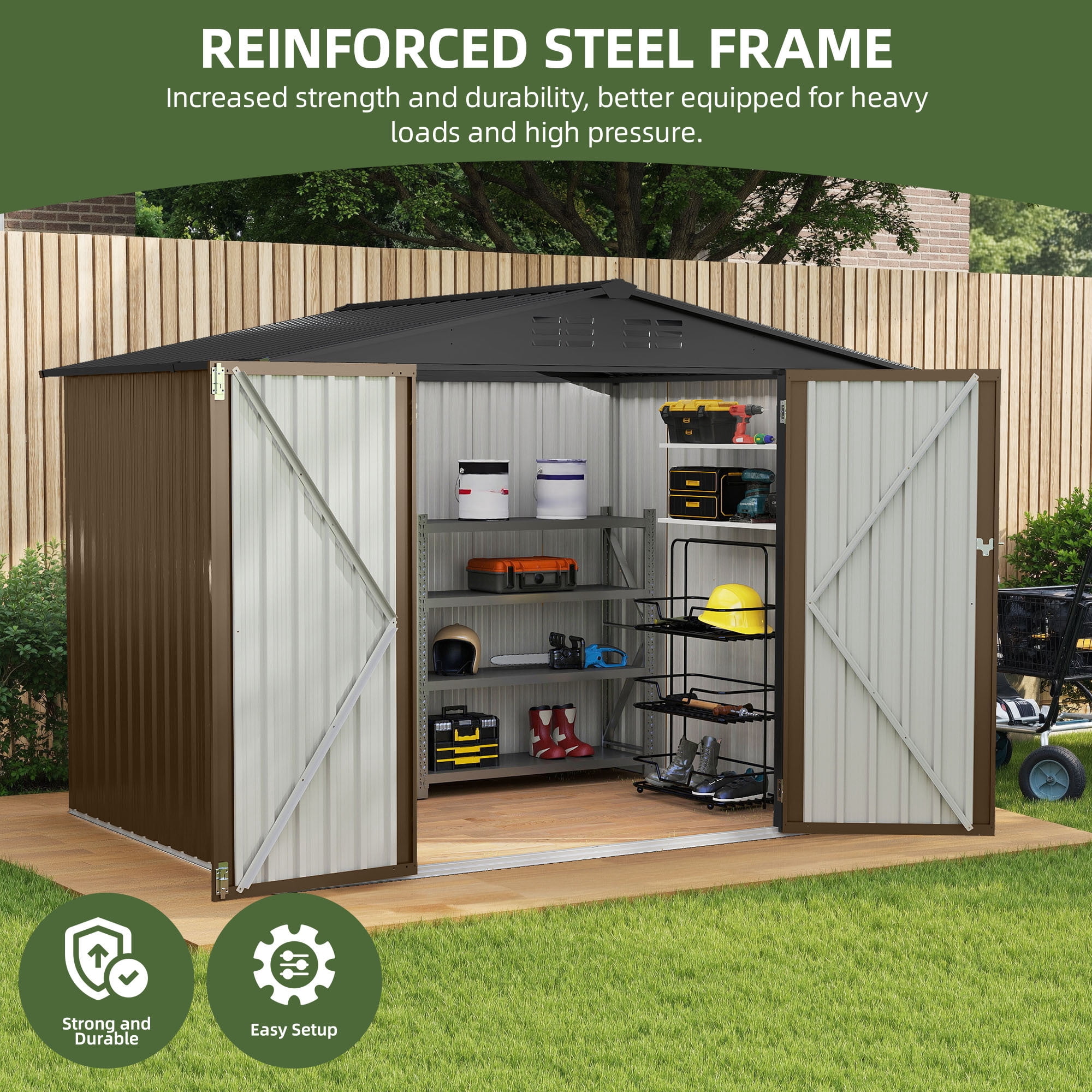 Uforic 7x5ft Metal Outdoor Storage Shed, Waterproof Heavy Duty Storage Unit with Lockable Door & Ventilation, Outdoor Tool Shed for Bike, Lawn Mower, Garden Tools, Backyard Patio Lawn Use, Brown