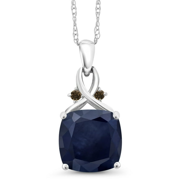 Gem Stone King 10K White Gold Blue Sapphire and Brown Smoky Quartz Pendant Necklace for Women (4.64 Cttw, Gemstone September Birthstone, Cushion Cut 10MM, with 18 inch Chain)