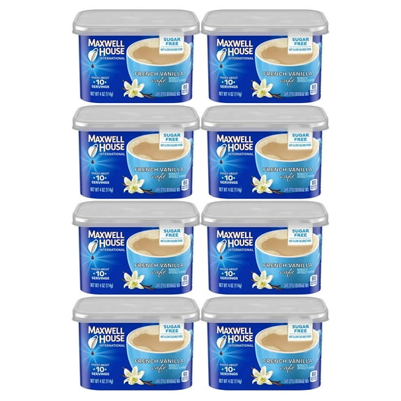 Maxwell House International Sugar Free French Vanilla Cafe Instant Coffee, Caffeinated, 4 Oz Can (Pack-8)