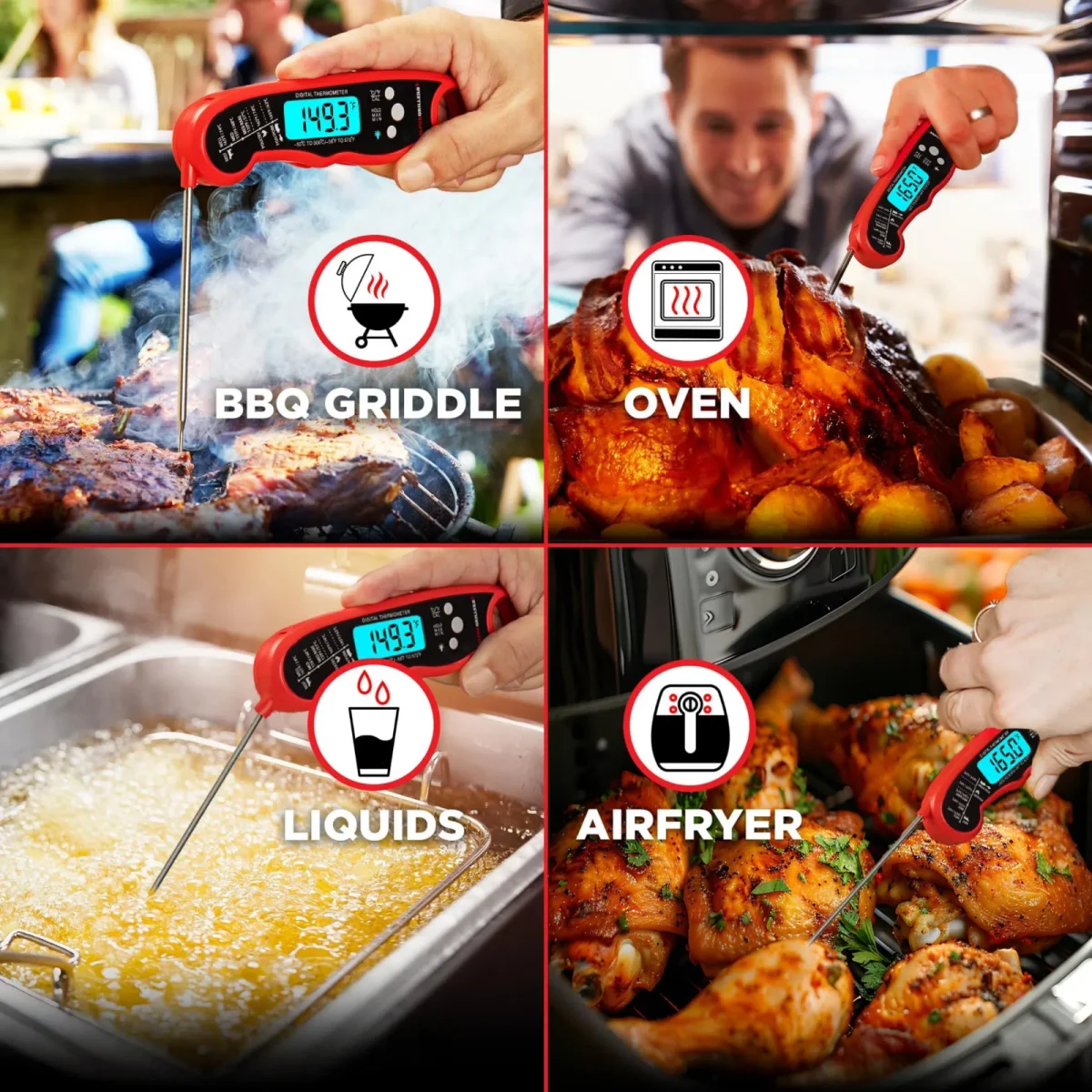 Digital Meat Thermometer for Grilling, Baking & Candy, Instant Read with Foldable Probe, Red/Black Dual Pack​