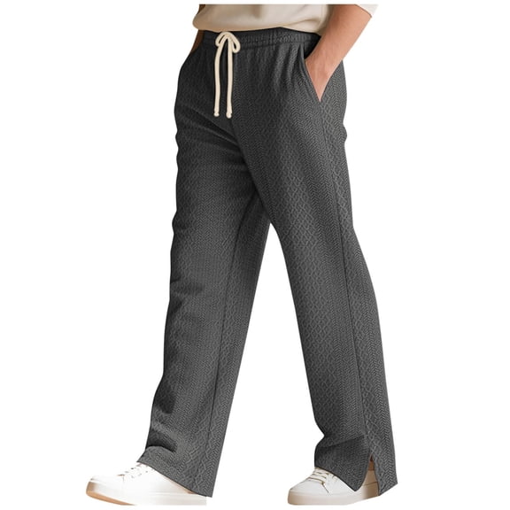 WRKEKC Casual Pants for Men Solid Color Loose Straight Leg Jacquard Knit Drawstring Split Hem Stylish Comfortable Long Pants for Men's Daily and Fashion Wear