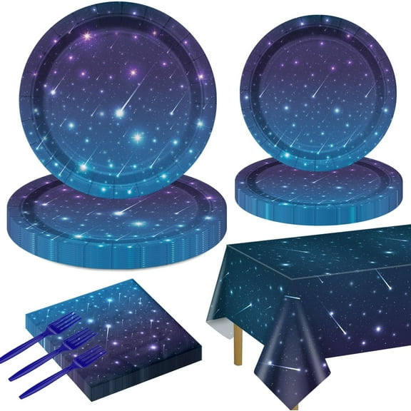 Outer Space Party Supplies for 20 Guests, Disposable Tableware Set Includes Starry Night Paper Plates, Napkins, Forks, Tablecloth for Kids Space Galaxy Theme Birthday Decorations