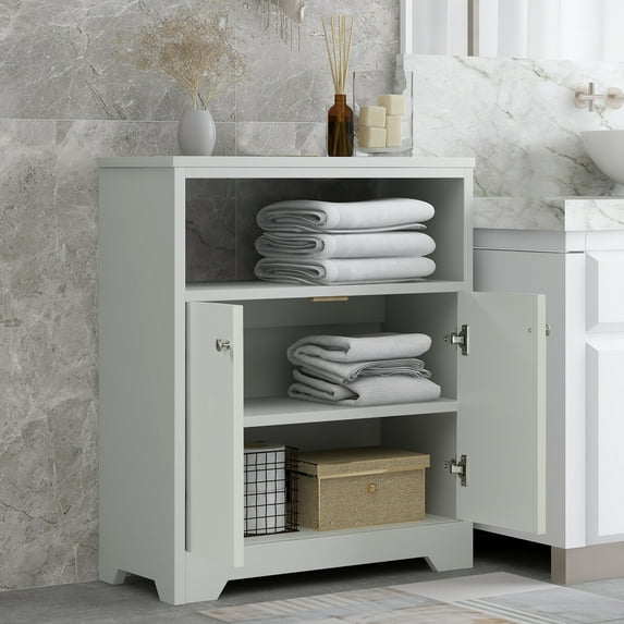 Clearance! Bathroom Floor Cabinet, Double Door Storage Organizer with Shelves for Home Office Furniture, White