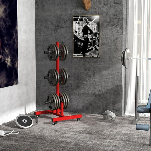 Demifill 2 Inch Weight Plate Rack - Red, 440 lbs Capacity, Holder for Olympic Weight Plates and Bars, With 4 Transport Wheels & 6 Fasten Clamps