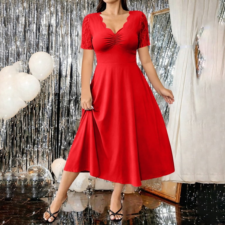 flowy red midi dress Stamzod Women's Plus Size Wedding Guest Summer Short Sleeve V-Neck Lace Patchwork Dress A Line Elegant Cocktail Party Dresses XXXXXL promo: archive sale 071326 - 071726