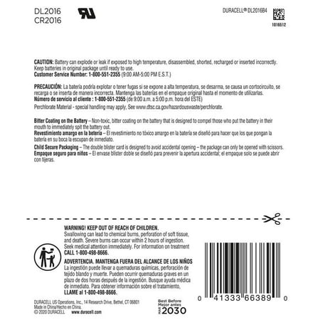 Duracell 2016 Lithium Coin Battery 3V, Bitter Coating and Child Secure Packaging, 4 Pack