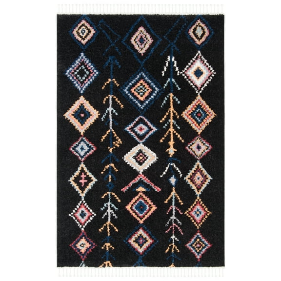 SAFAVIEH Morocco Paden Abstract Geometric Polyester Area Rug, Black/Navy, 5'3" x 7'6"