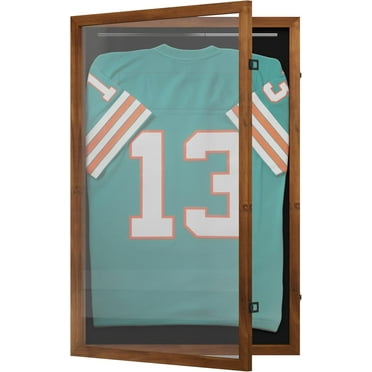 24x36 Jersey Display Case with Solid Pine Wood Frame, UV Treated Window, Velvet Backing Board, and Anti-Theft Lock in Rustic Brown