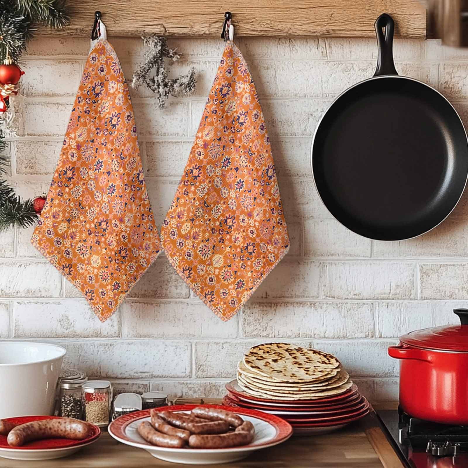 Boho Orange Kitchen Towels Set of 2, Country Style Bohemian Floral Retro Tribal Absorbent Dish Towels for Kitchen, Microfiber Hand Towel, Quick Drying Tea Towel for Cleaning Decorative Dishcloths