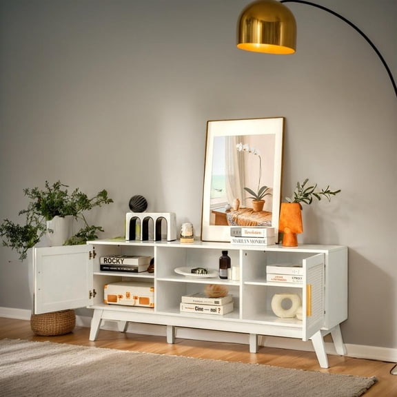 Topcobe TV Stand Entertainment Media Console with 2 Rattan Cabinets and Open Shelves, Modern TV Stands, TV Furniture for Living Room, White