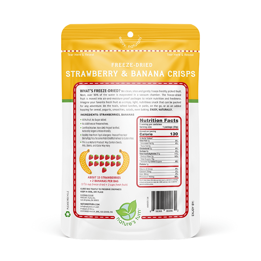Nature's Turn Freeze-Dried Strawberry Banana Crisps, No Added Sugar, Healthy Natural Fruit Crisp Snack for School Lunches, 12 Pack (0.53 oz Each)