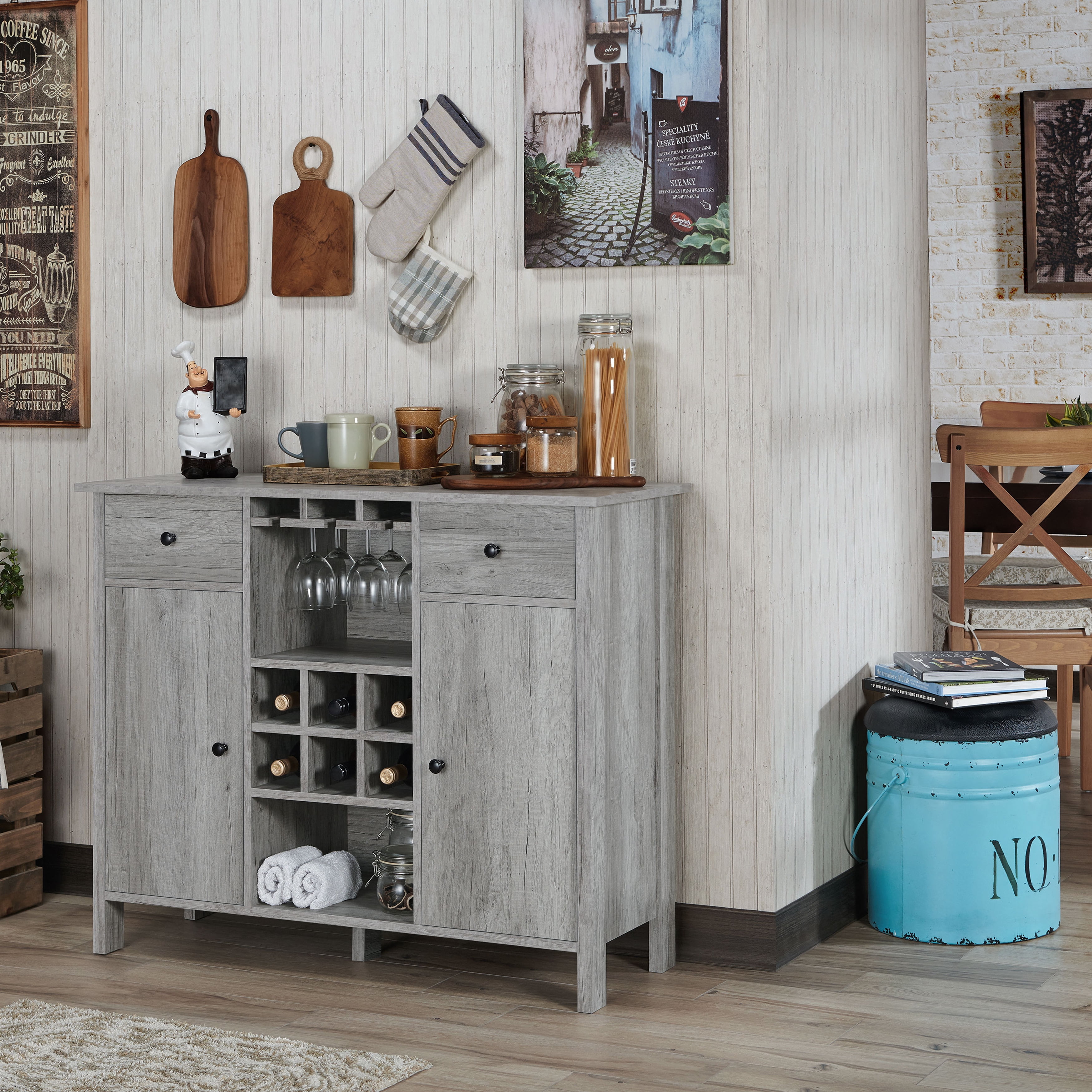 Furniture of America Levy Wood Wine Storage Buffet Table, Vintage Gray Oak