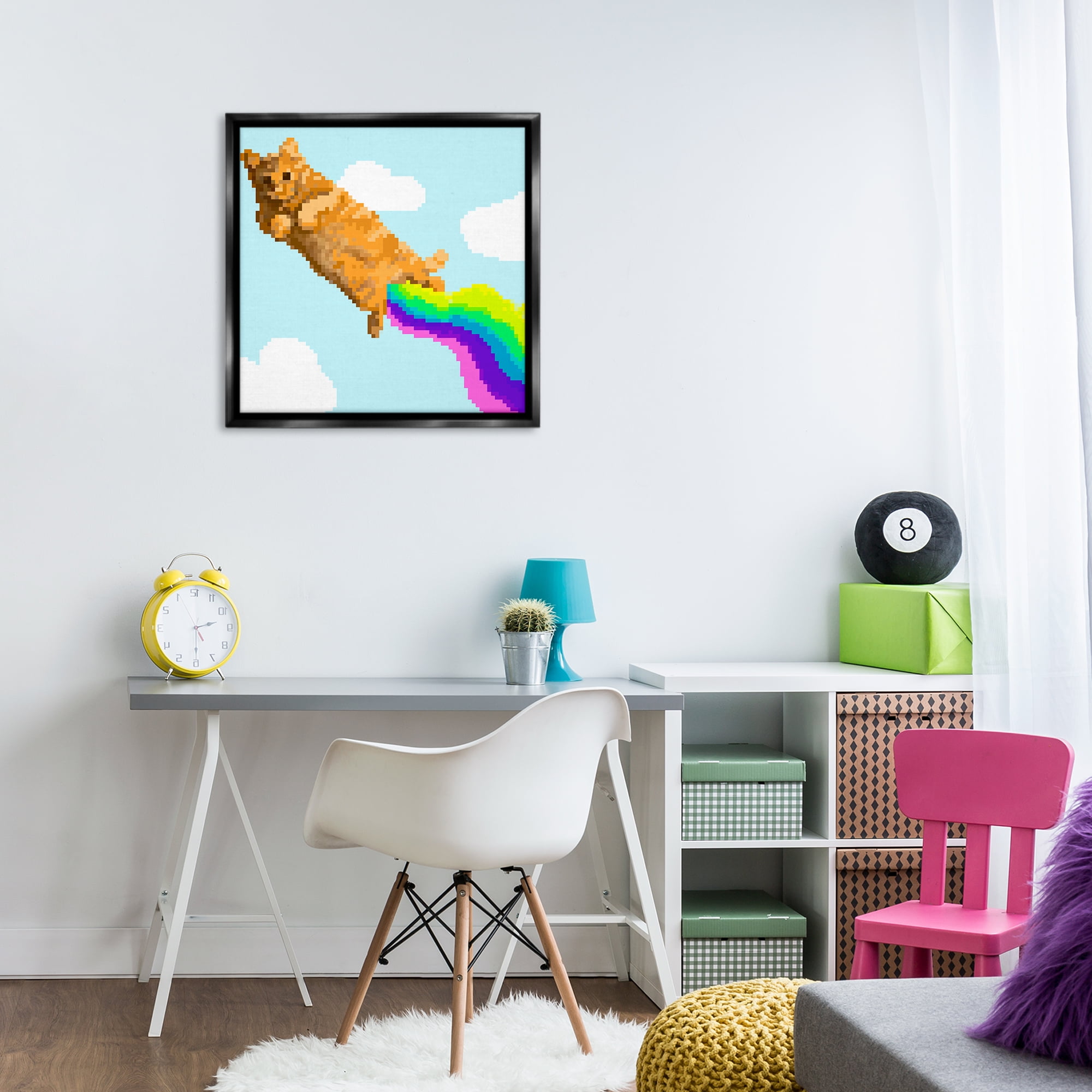 Stupell Industries Flying Rainbow Pixel Cat Animals Painting Black Floater Framed Canvas Art Print Wall Art, 25 x 25