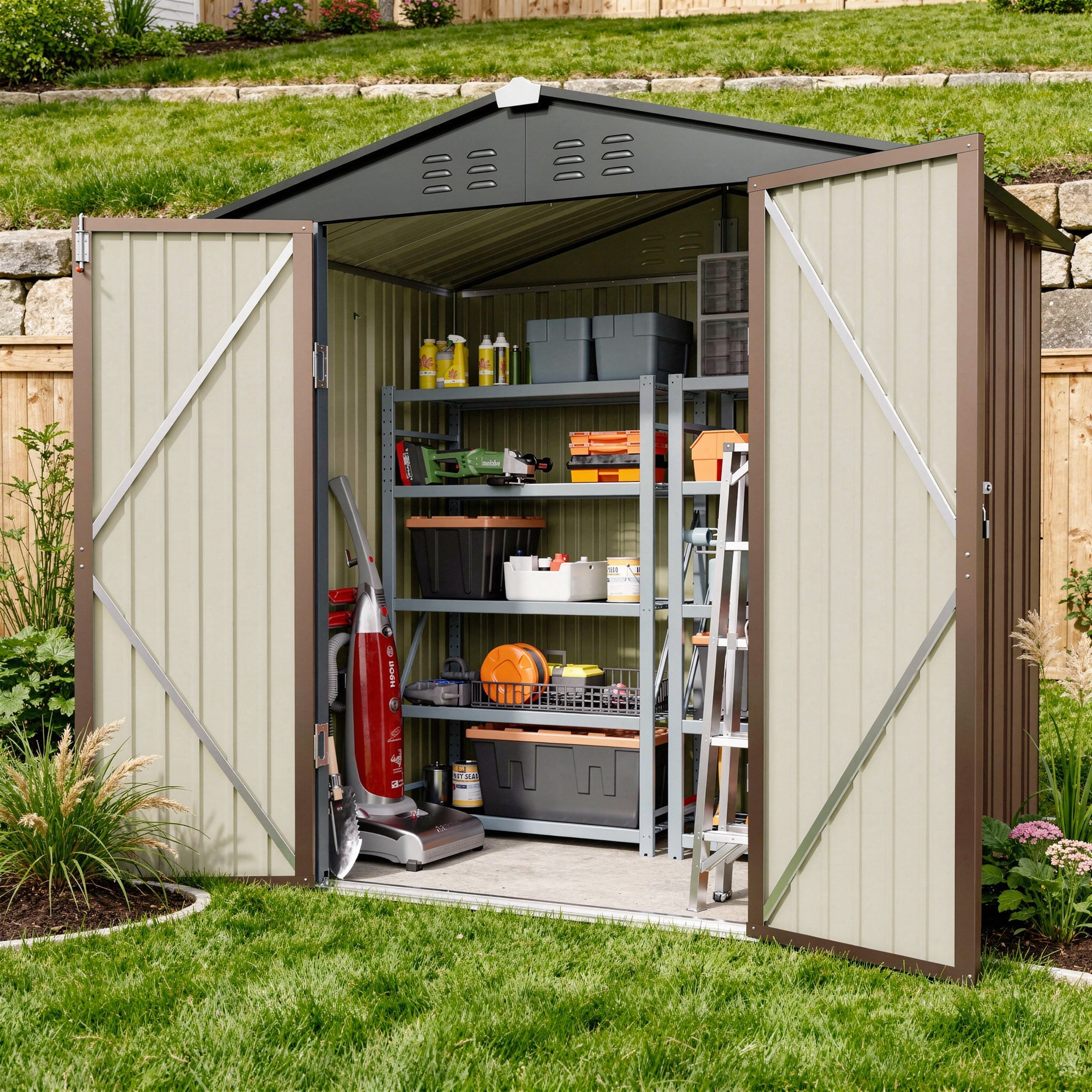 6' x 4' Outdoor Storage Shed, Weather-Resistant Iron Garden Shed with Lockable Double Doors for Backyard/Patio/Lawn, Brown