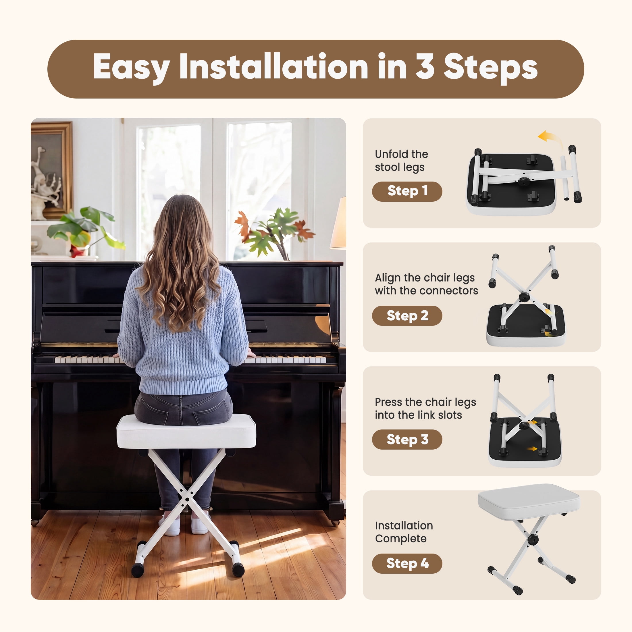 EDX Adjustable Height Piano Bench / Music Performance Stool - 3-Level Height Adjustment, Non-Skid Design,High-Density Sponge Padded, Portable & Foldable X-Style Seat, 250LBS Weight Capacity, White