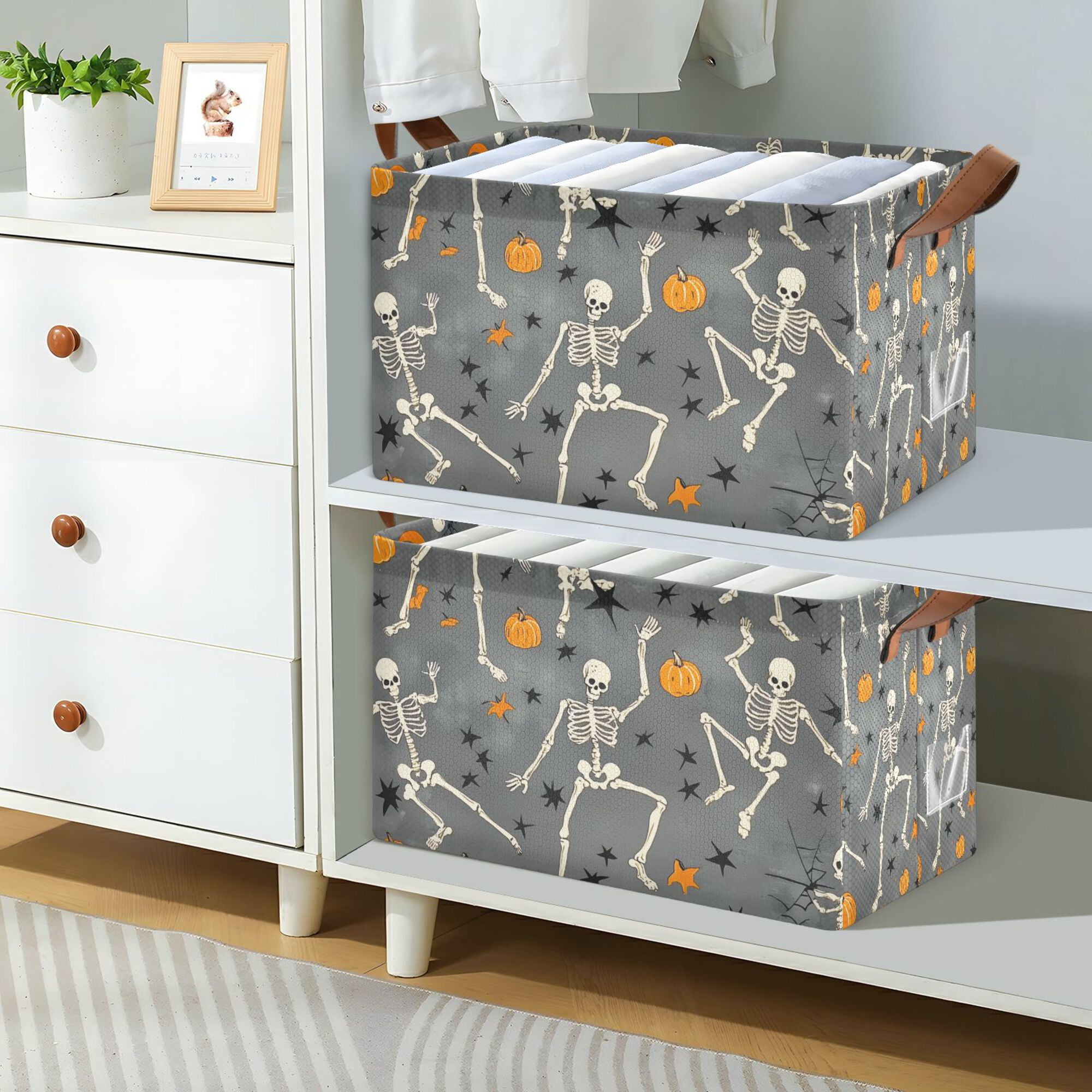 Yayeee Foldable Storage Basket for Shelves with Handles Waterproof Cloth Bins, Halloween Dancing Skeleton