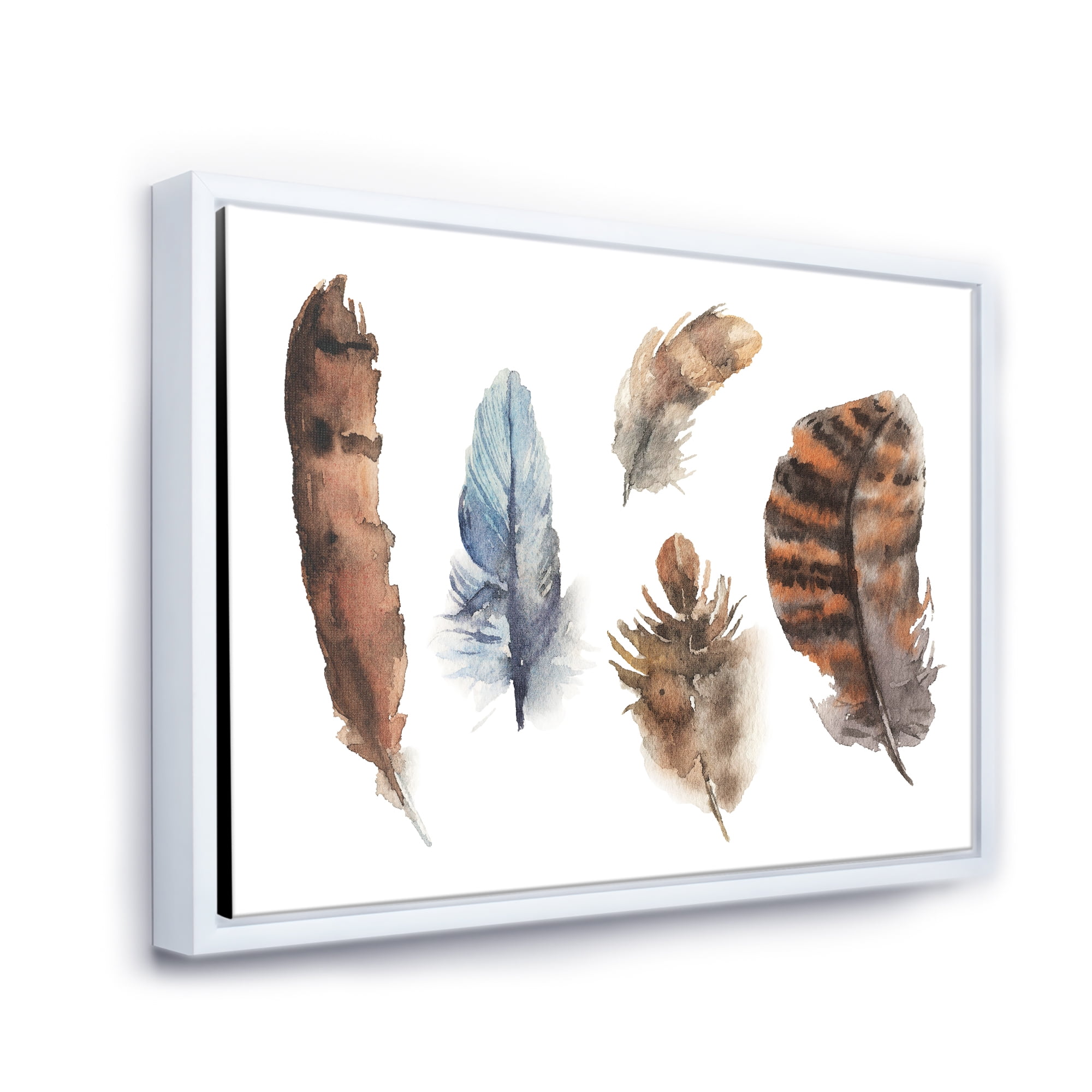 Designart 'Ethnic Boho Feathers In Earth Tones On White' Bohemian & Eclectic Framed Canvas Wall Art Print