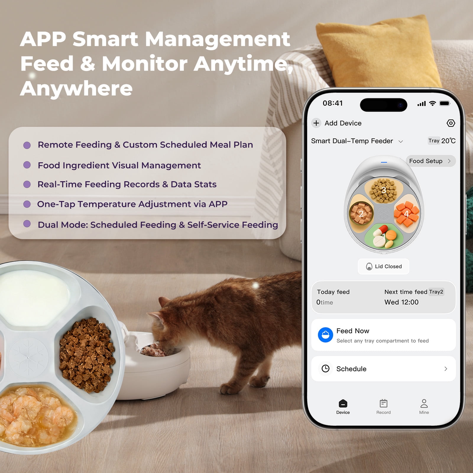 UBPET Smart Automatic Cat Feeder, App Control Dual Temp Cooling & Heating, Wet/Dry/Raw Food, 24H Fresh, 4-Grid Tray, Anti-Pinch, for Cats & Small Dogs 4.4-22 lbs