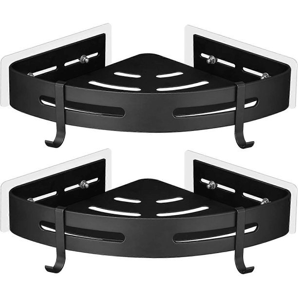 No-Drilling Corner Shower Shelf Aircraft Aluminum with 2 Hooks for Shower Self-adhesive Rustproof Holder for Bathroom Items 2 Pieces (Black)
